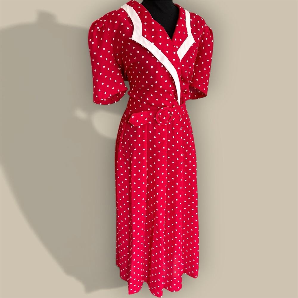 Vtg 80s Polka Dot Dress Red White Tea Belted Shirt Dress USA 16 Midi Collar